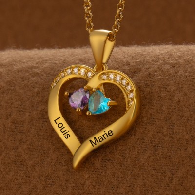 Personalised Couple Names Heart Necklace With Birthstones Valentine's Day Gifts