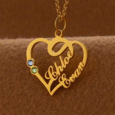 Personalised Couple Names Heart Necklace With Birthstones Valentine's Day Gifts