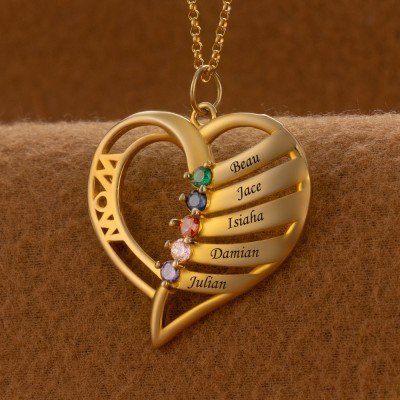 Personalised Heart Necklaces With 5 Names and Birthstone For Mother's Day Gift
