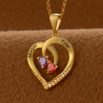 Personalised Couple Names Heart Necklace With Birthstones Valentine's Day Gifts