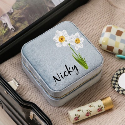 Personalized Birth Flower Jewelry Travel Box Bridesmaid Gift Case With Name