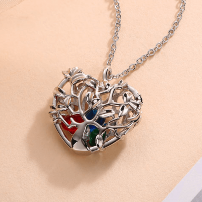 Heart Shape Family Tree Caged Pendant Necklace with 1-8 Birthstones