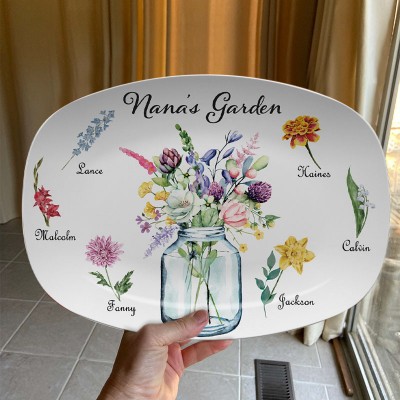 Personalized Nana's Garden Platter With Grandchildren Name and Birth Flower For Mother's Day