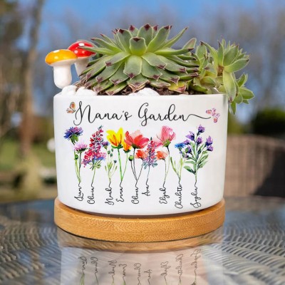 Custom Nana's Garden Plant Pot With Grandkids Name and Birth Month Flower For Mother's Day