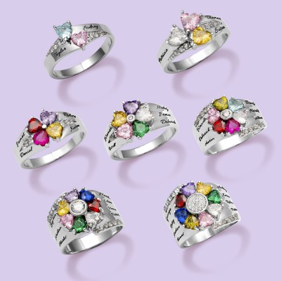 S925 Silver Personalized Engraved Heart-Shaped Birthstones Ring with 1-8 Names