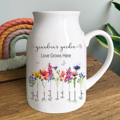 Custom Grandma's Garden Vase With Grandkids Name and Birth Flower For Mother's Day Christmas