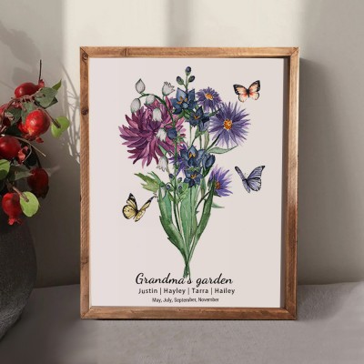 Custom Grandma's Garden Birth Flower Family Bouquet Wood Sign Art With Grandkids Name For Christmas Mother's Day