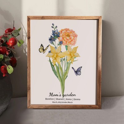 Custom Mommy's Garden Birth Flower Family Bouquet Wood Sign Art With Kids Name For Christmas Mother's Day