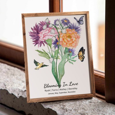 Custom Birth Flower Family Bouquet Wood Sign Art With Names For Christmas Day Gift Ideas