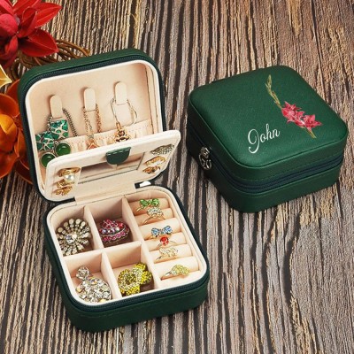 Personalized Birth Flower Jewelry Travel Box Bridesmaid Gift Case With Name