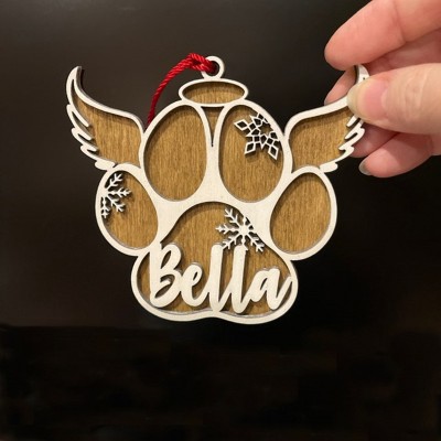 Personalized Wood Pet Paw Memorial Ornament with Wings Name Engraved