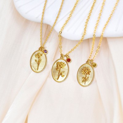 Personalized Dainty Birth Month Flower Mother Shell Gold Necklace With Birthstone For Mom