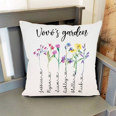 Personalized Grandma's Garden Pillow Birth Month Flower With Grandkids Name For Mother's Christmas Day