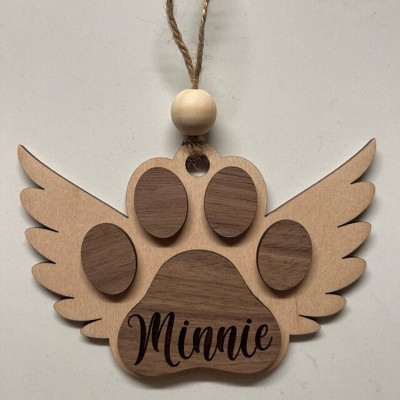 Personalized Wood Pet Paw Memorial Ornament with Wings Name Engraved