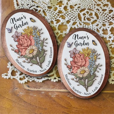 Custom Grandma's Garden Birth Flower Bouquet Art Oval Wood Sign For Mom Grandma Christmas Gift
