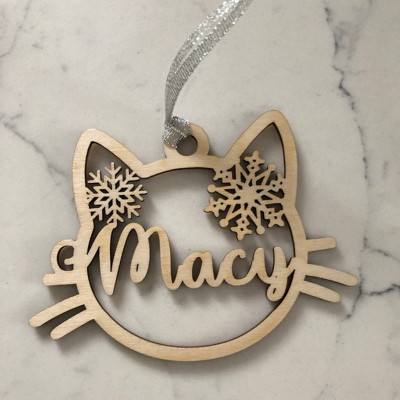 Personalized Wood Cat Christmas Ornament with Name Engraved