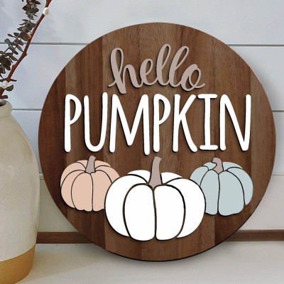 Wooden Hello Pumpkin Door Hanger Farmhouse Decor Entry Way Wall Fall Sign