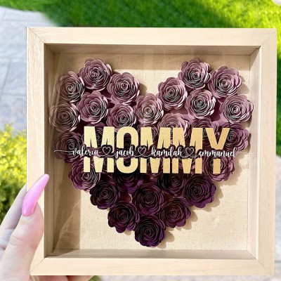 Personalized Mom Heart Flower Shadow Box With Kids Name For Mother's Day Birthday