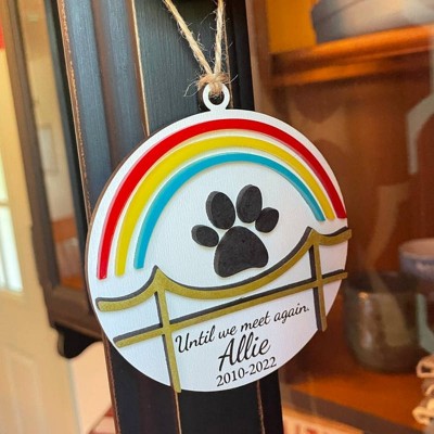 Personalized Wood Pet Paw Memorial Ornament Rainbow Bridge with Name Engraved