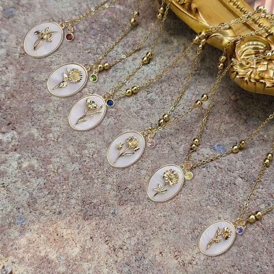 Personalized Dainty Birth Month Flower Mother Shell Gold Necklace With Birthstone For Mom