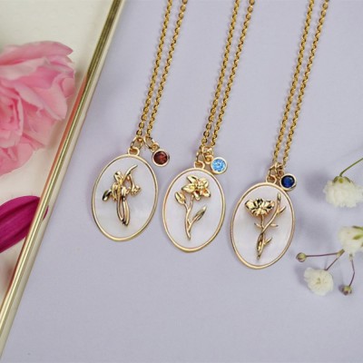 Personalized Dainty Birth Month Flower Mother Shell Gold Necklace With Birthstone For Mom