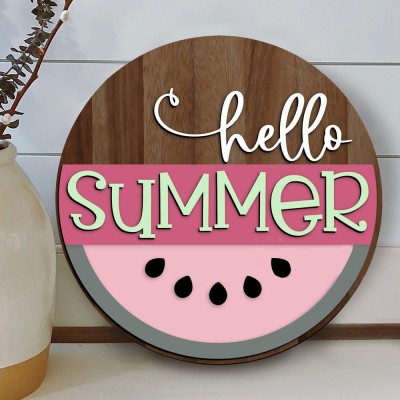 Wooden Hello Summer Door Hanger Farmhouse Decor Entry Way Wall Welcome Sign