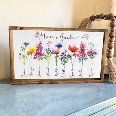 Personalised Nana's Garden Birth Month Flower Frame With Grandkids Name For Christmas Day Gift Ideas