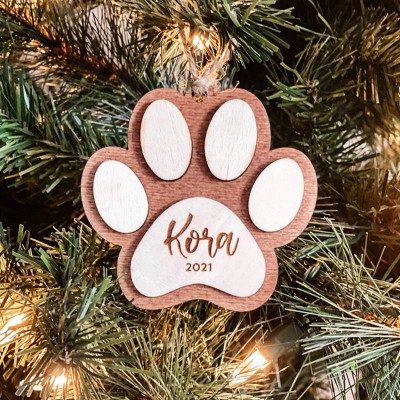 Personalized Wood Pet Paw Christmas Ornament with Name Engraved