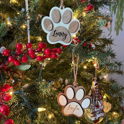 Personalized Wood Pet Paw Christmas Ornament with Name Engraved