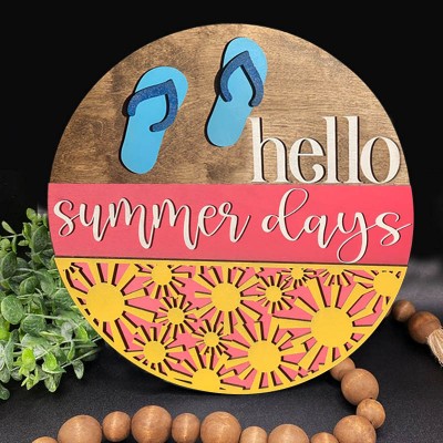 Wooden Hello Summer Days Door Hanger Farmhouse Decor Entry Way Wall Welcome Sign