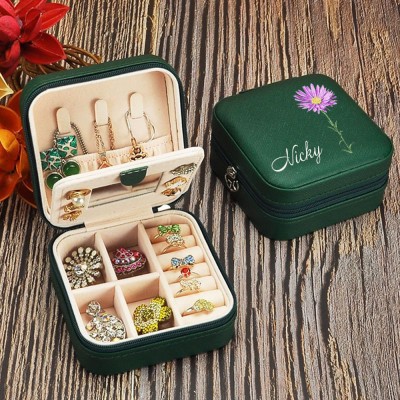 Personalized Birth Flower Jewelry Travel Boxes Case With Name