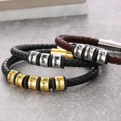 Personalized 1-10 Beads Engraving Name Brown Leather Bracelet Gifts for Him