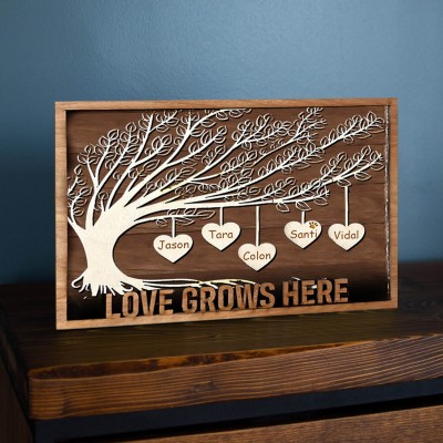 Custom Wooden Family Tree Sign With Name Engraved Home Decor For Mother's Day Christmas Love Grows Here