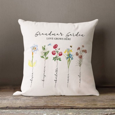 Personalized Grandma's Garden Pillow With Grandkids Names & Birth Month Flowers For Mother's Day