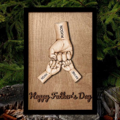 Personalized Dad and Kids Fist Bump With Name Engraving Wood Sign For Father's Day Home Decor