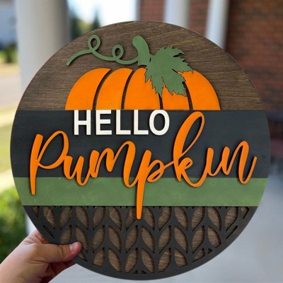 Hello Fall Pumpkin Door Hanger Farmhouse Entry Way Wall Home Decor Welcome Sign