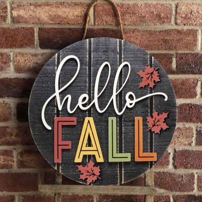 Hello Fall Door Hanger Farmhouse Entry Way Wall Home Decor Welcome Sign