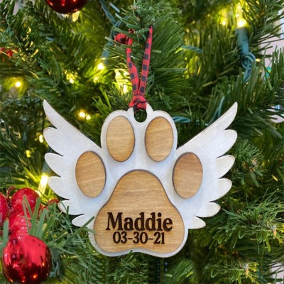 Personalized Wood Pet Paw Memorial Ornament with Wings Name Engraved