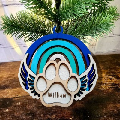 Personalized Wood Pet Paw Memorial Ornament Rainbow Bridge with Name Engraved