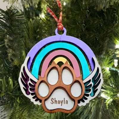 Personalized Wood Pet Paw Memorial Ornament Rainbow Bridge with Name Engraved