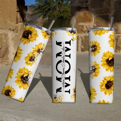 Personalized Sunflower Mom Tumbler With Kids Name For Mother's Day Gift Ideas