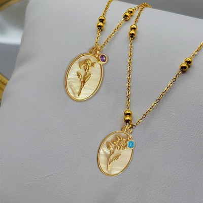 Personalized Dainty Birth Month Flower Mother Shell Gold Necklace With Birthstone For Mom