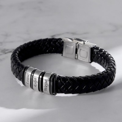 Personalised Mens Beads Braid Name Leather Bracelets With 1-10 Beads
