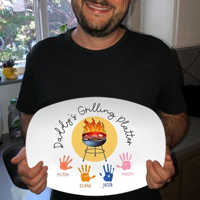 Personalized BBQ Daddy's Grilling Plate With Kids Name and Handprints For Father's Day