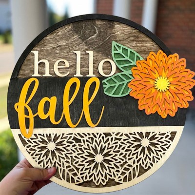 Hello Fall Door Hanger Farmhouse Entry Way Wall Home Decor Welcome Sign