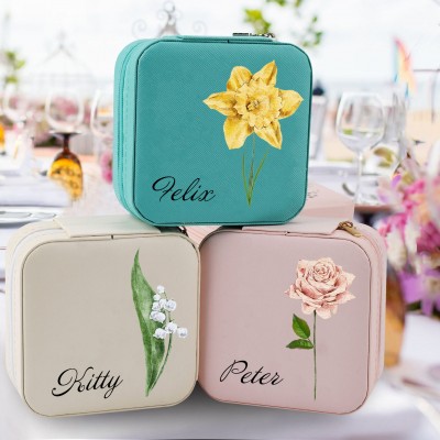 Personalized Birth Flower Jewelry Travel Box Bridesmaid Gift Case With Name