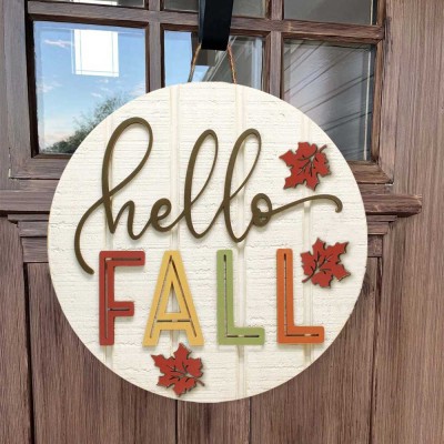 Hello Fall Door Hanger Farmhouse Entry Way Wall Home Decor Welcome Sign