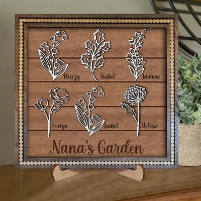 Custom Nana's Garden Birth Month Flower Frame With Grandchildren's Names For Christmas Day Gift