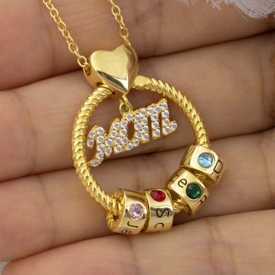Linda Circle Pendant Necklace With Engraved Name Beads Mom Birthstone Gift