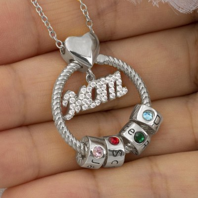 Silver Linda Circle Pendant Necklace With Engraved Name Beads Mom Birthstone Gift